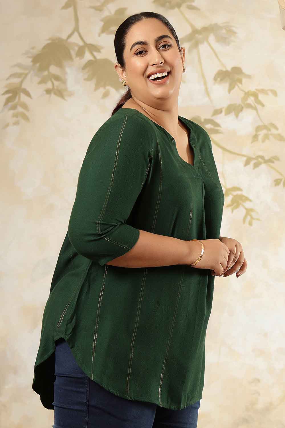 Plus Size Emerald Green Golden Pin Striped V Neck Top for Women