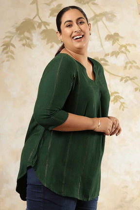 Plus Size Emerald Green Golden Pin Striped V Neck Top