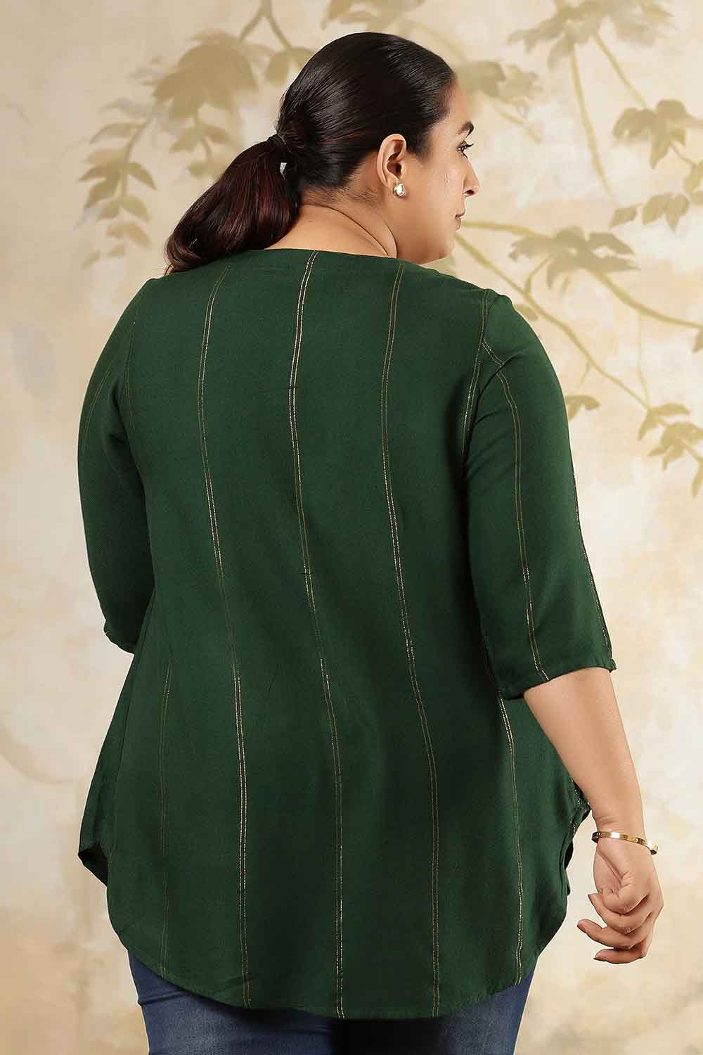 Plus Size Emerald Green Golden Pin Striped V Neck Top