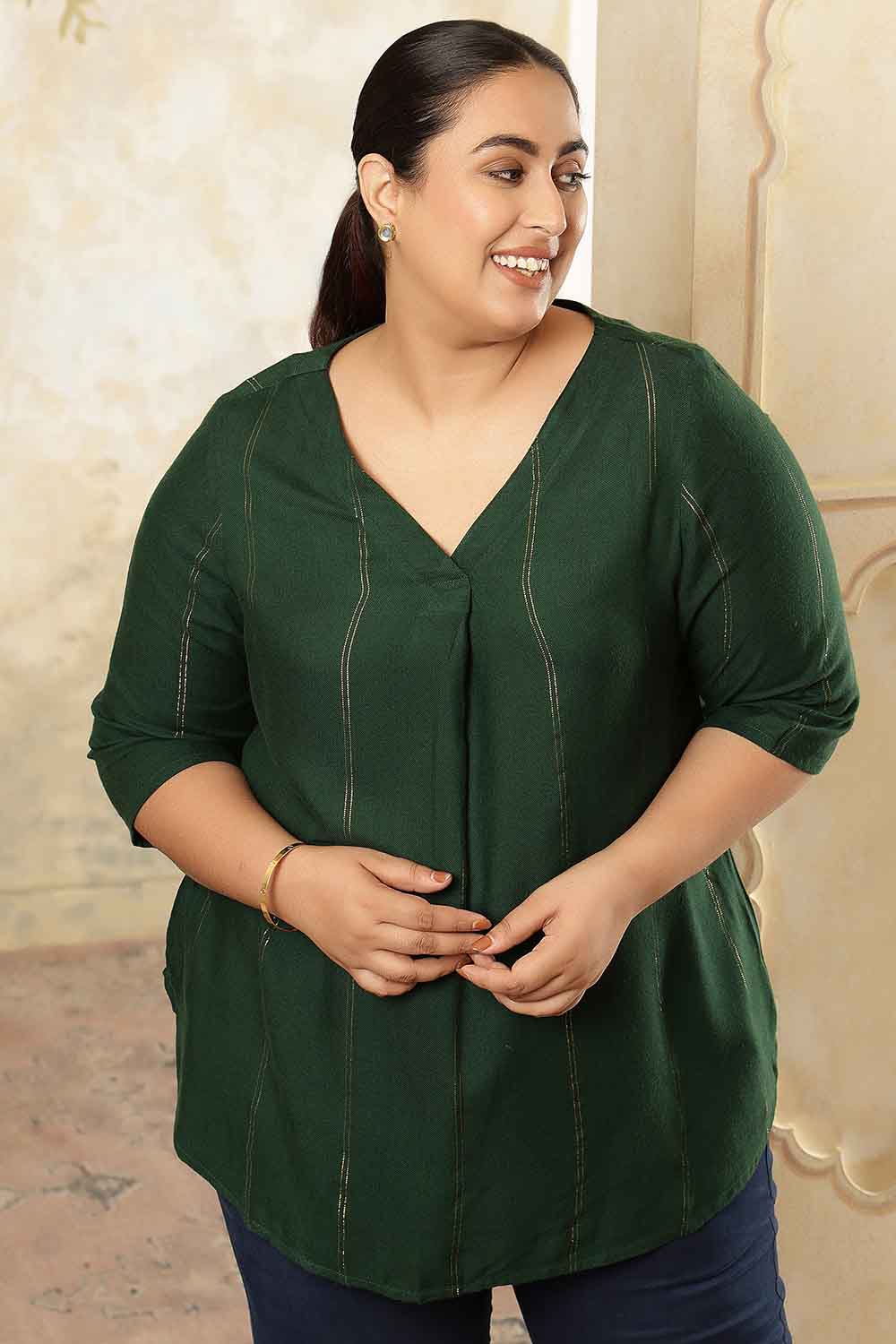 Plus Size Plus Size Emerald Green Golden Pin Striped V Neck Top