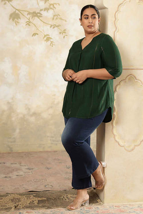 Plus Size Emerald Green Golden Pin Striped V Neck Top