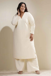 Plus Size Ivory Chunky Knit V Neck Kurta Coord Set