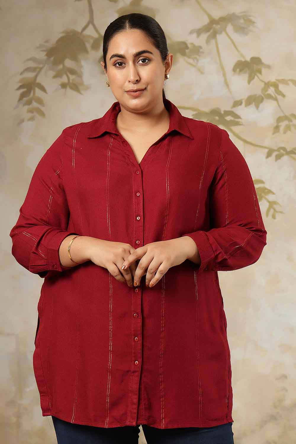 Comfortable Plus Size Maroon Golden Pin Striped High Slit Longline Shirt