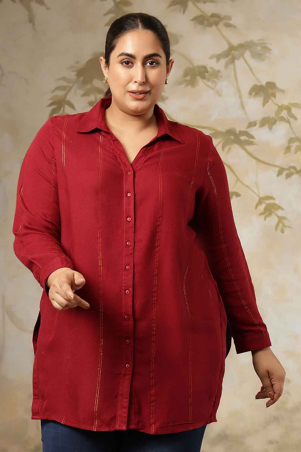 Plus Size Plus Size Maroon Golden Pin Striped High Slit Longline Shirt