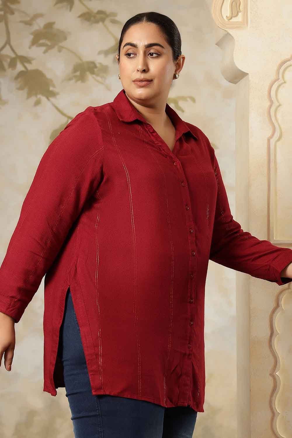 Plus Size Maroon Golden Pin Striped High Slit Longline Shirt for Women