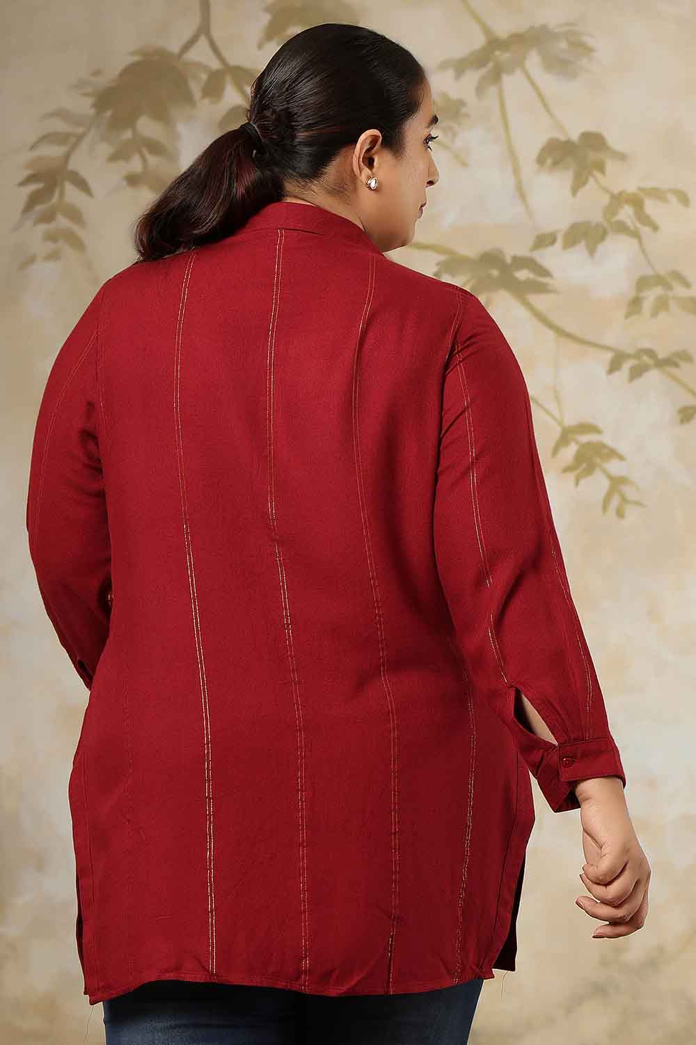 Plus Size Maroon Golden Pin Striped High Slit Longline Shirt