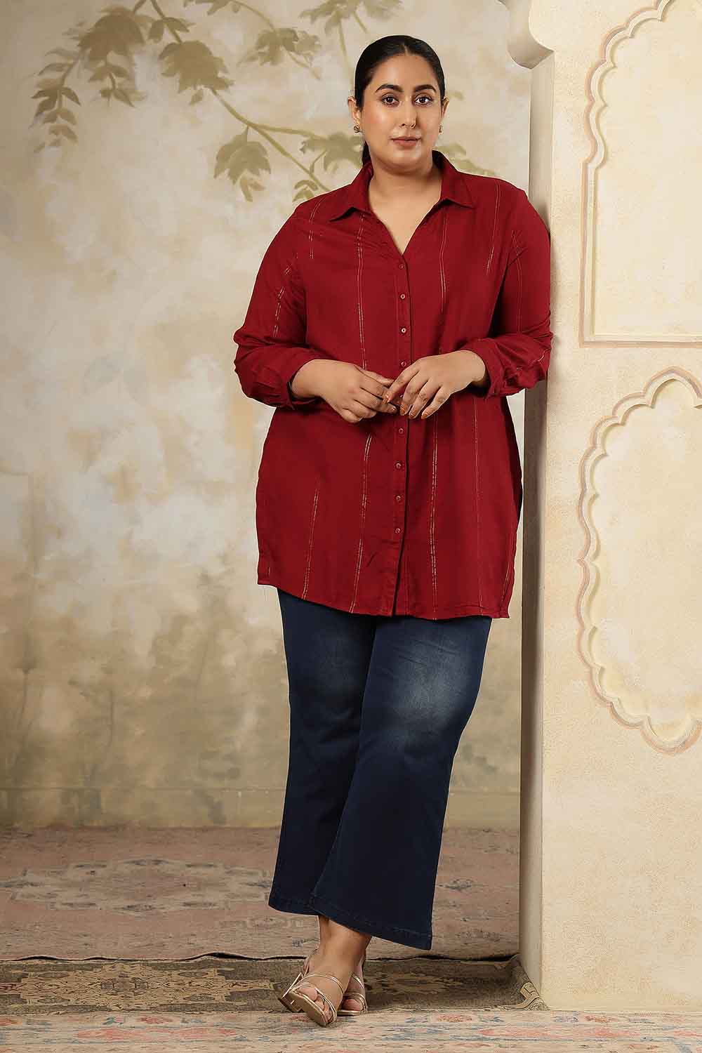 Plus Size Maroon Golden Pin Striped High Slit Longline Shirt