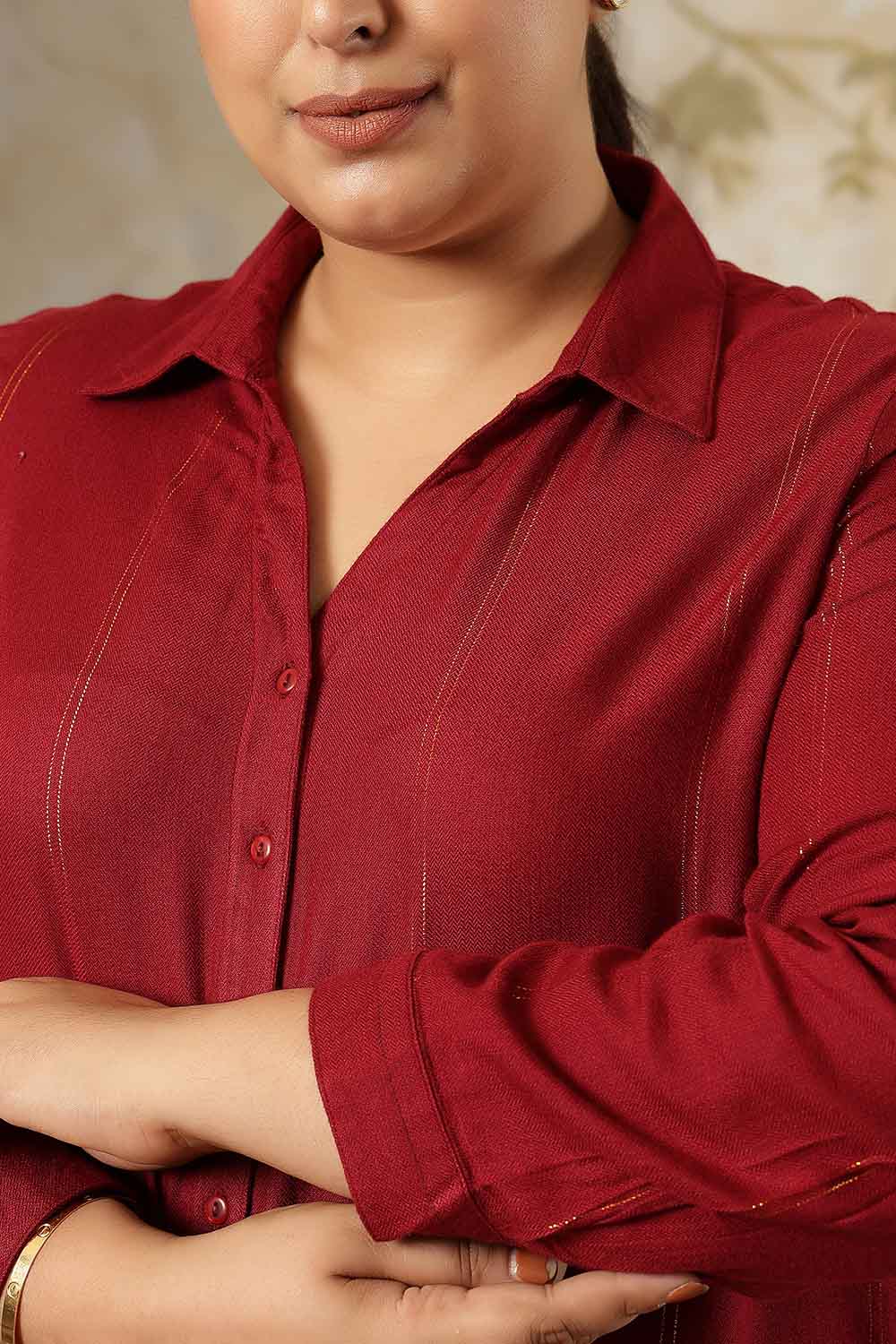 Plus Size Maroon Golden Pin Striped High Slit Longline Shirt