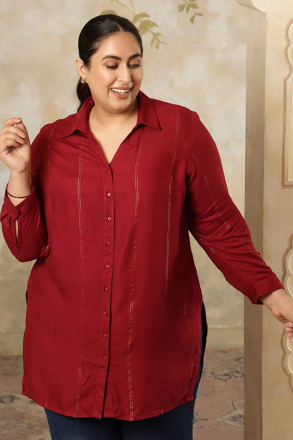 Plus Size Maroon Golden Pin Striped High Slit Longline Shirt