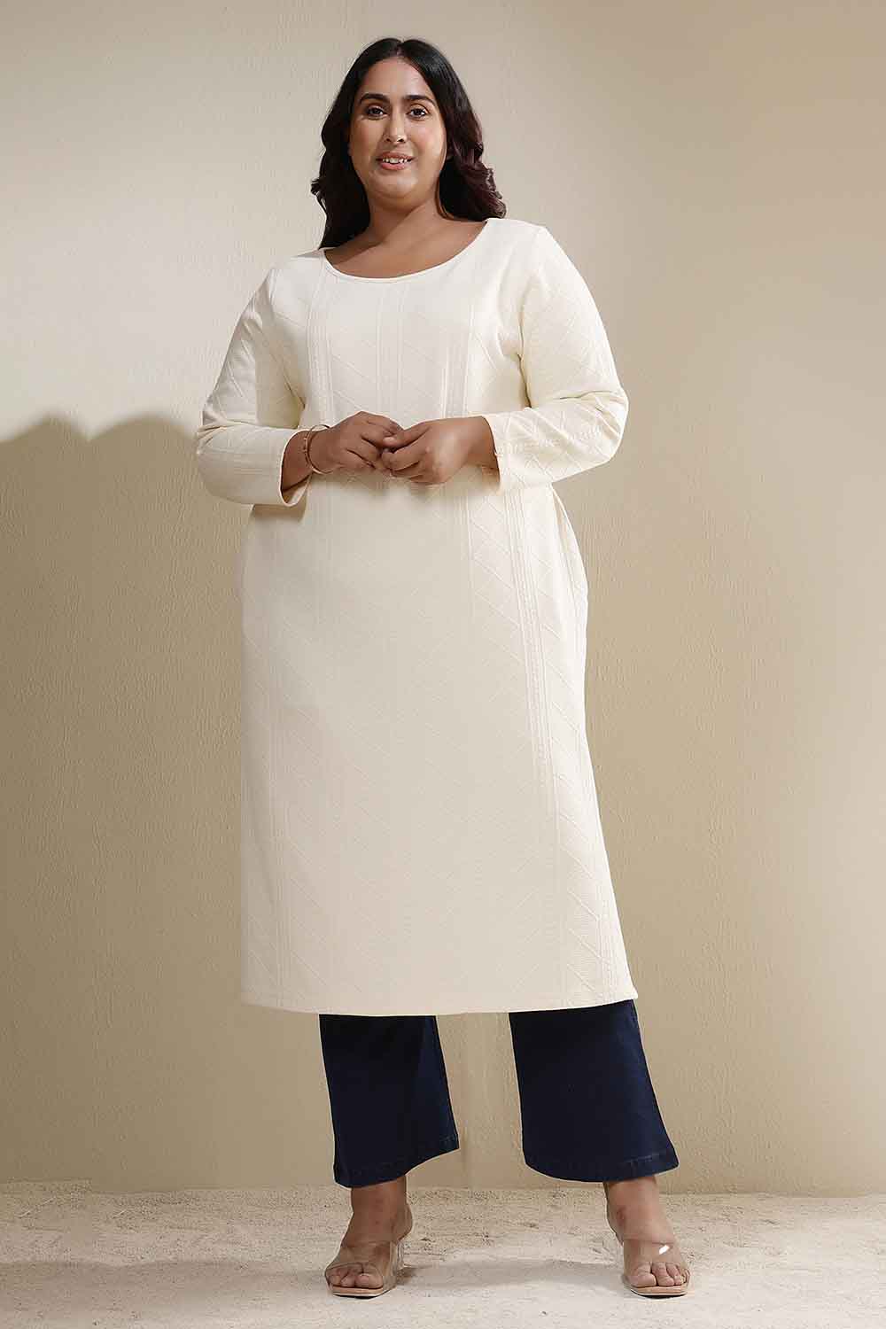 Plus Size Ivory Chunky Knit Round Neck Kurta