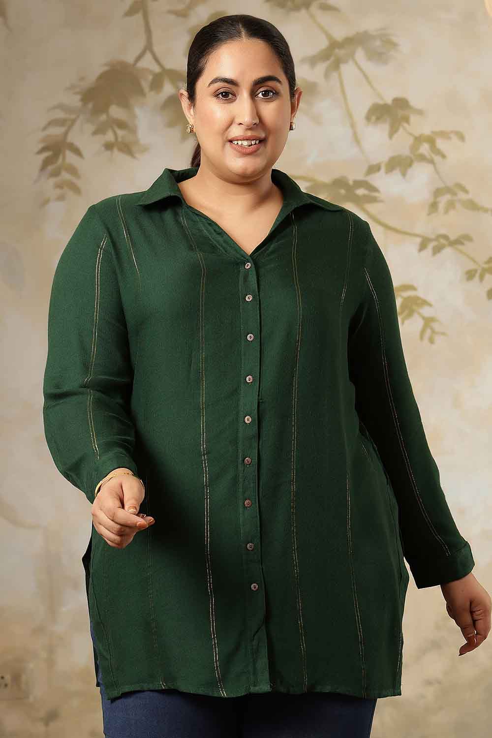 Plus Size Emerald Green Golden Pin Striped High Slit Longline Shirt