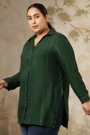 Plus Size Emerald Green Golden Pin Striped High Slit Longline Shirt