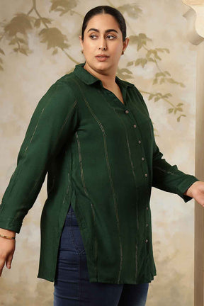 Plus Size Emerald Green Golden Pin Striped High Slit Longline Shirt