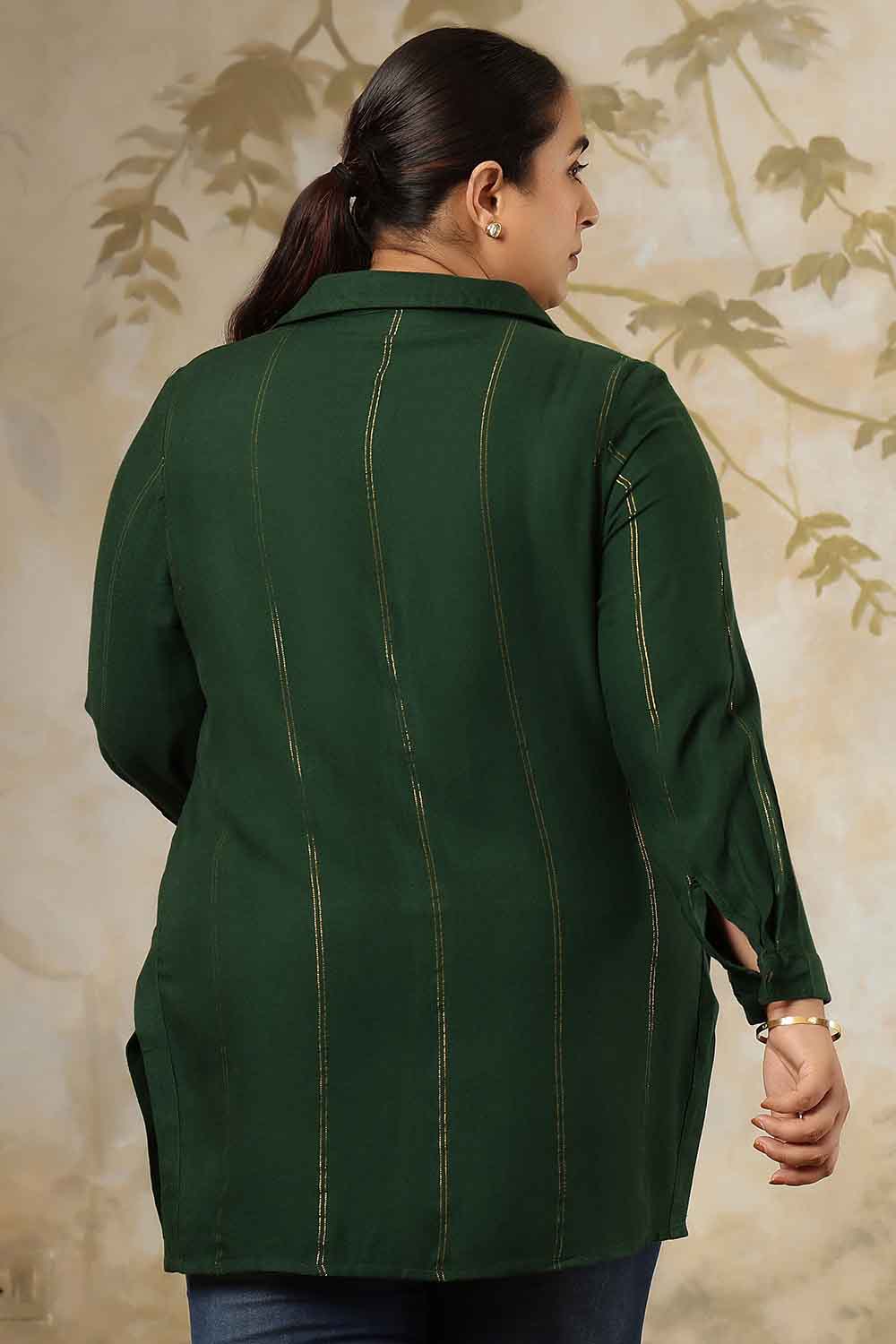 Plus Size Emerald Green Golden Pin Striped High Slit Longline Shirt