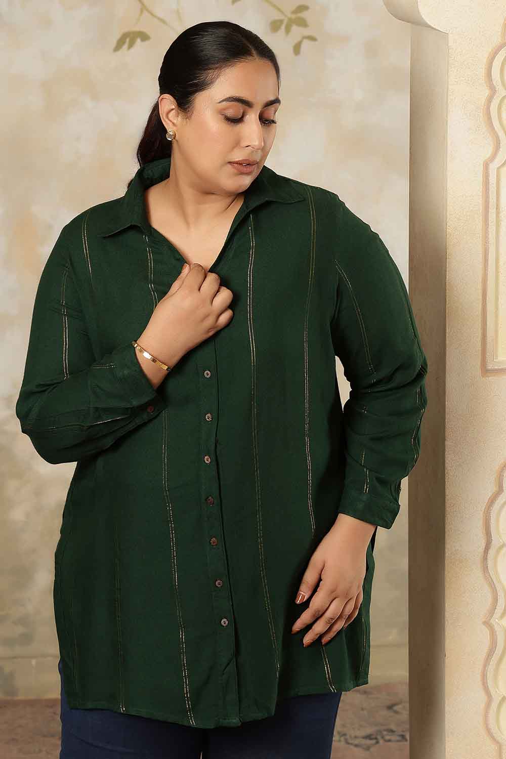 Plus Size Plus Size Emerald Green Golden Pin Striped High Slit Longline Shirt