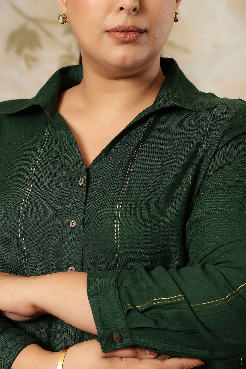 Plus Size Emerald Green Golden Pin Striped High Slit Longline Shirt