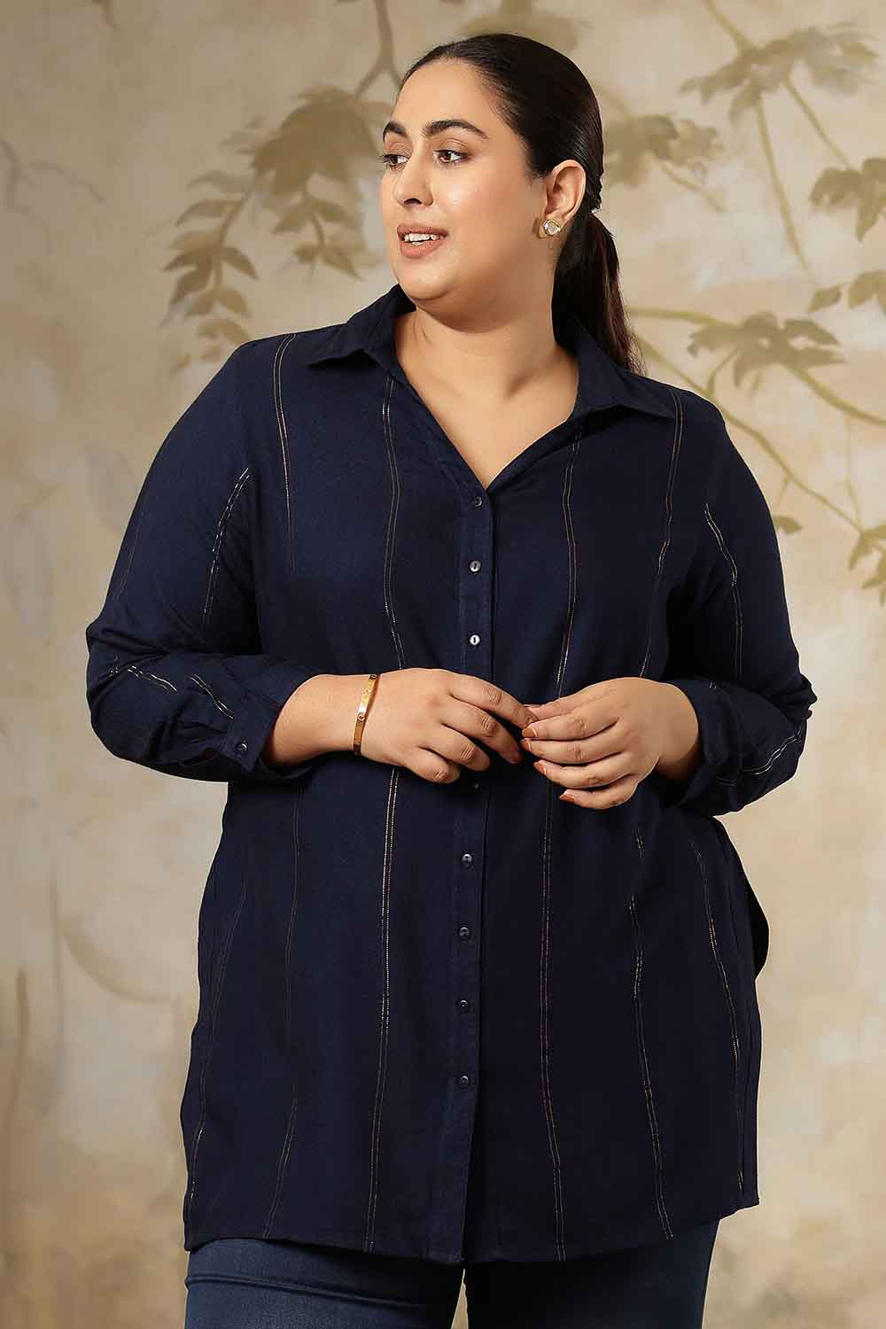 Plus Size Navy Blue Golden Pin Striped High Slit Longline Shirt