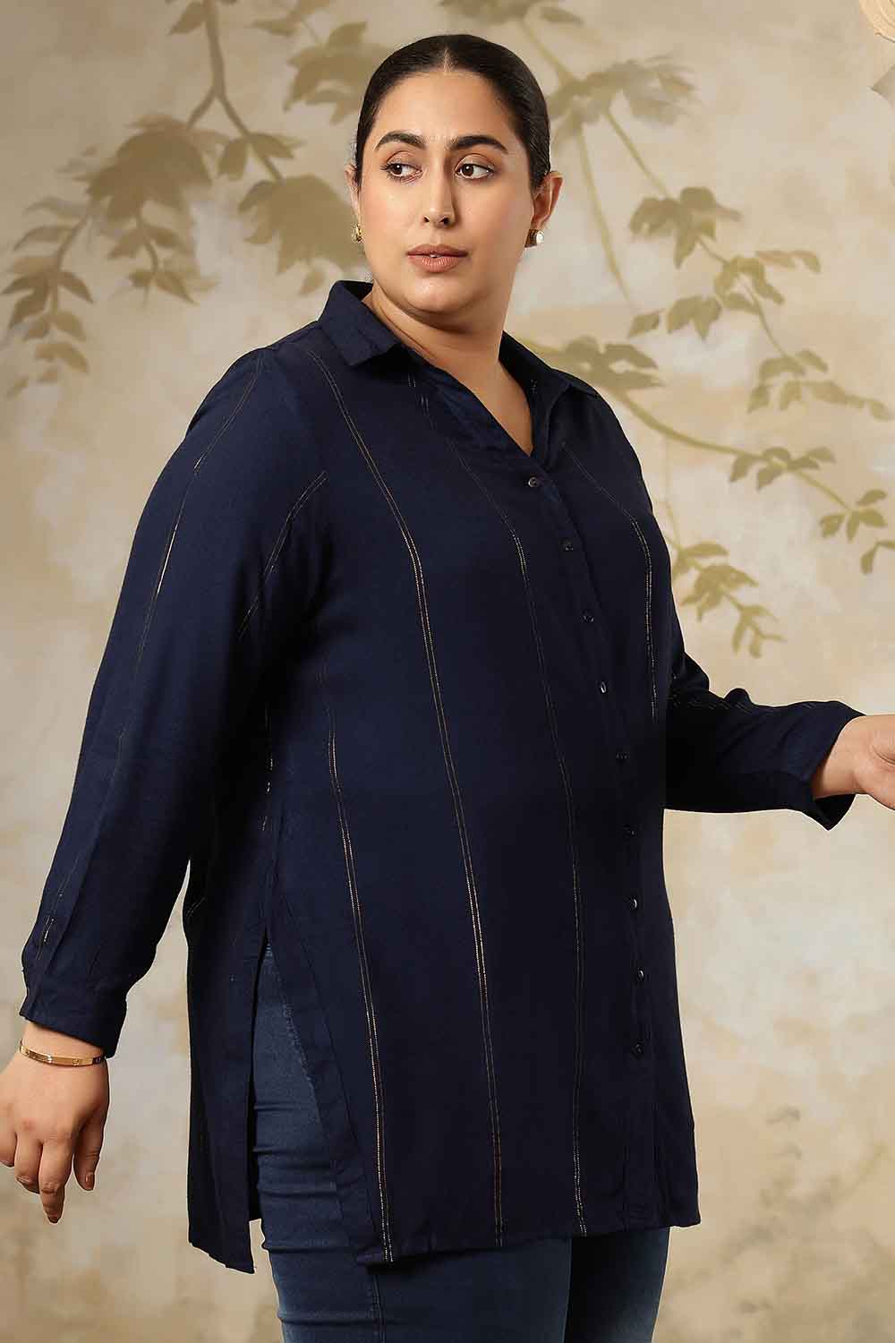 Plus Size Navy Blue Golden Pin Striped High Slit Longline Shirt for Women