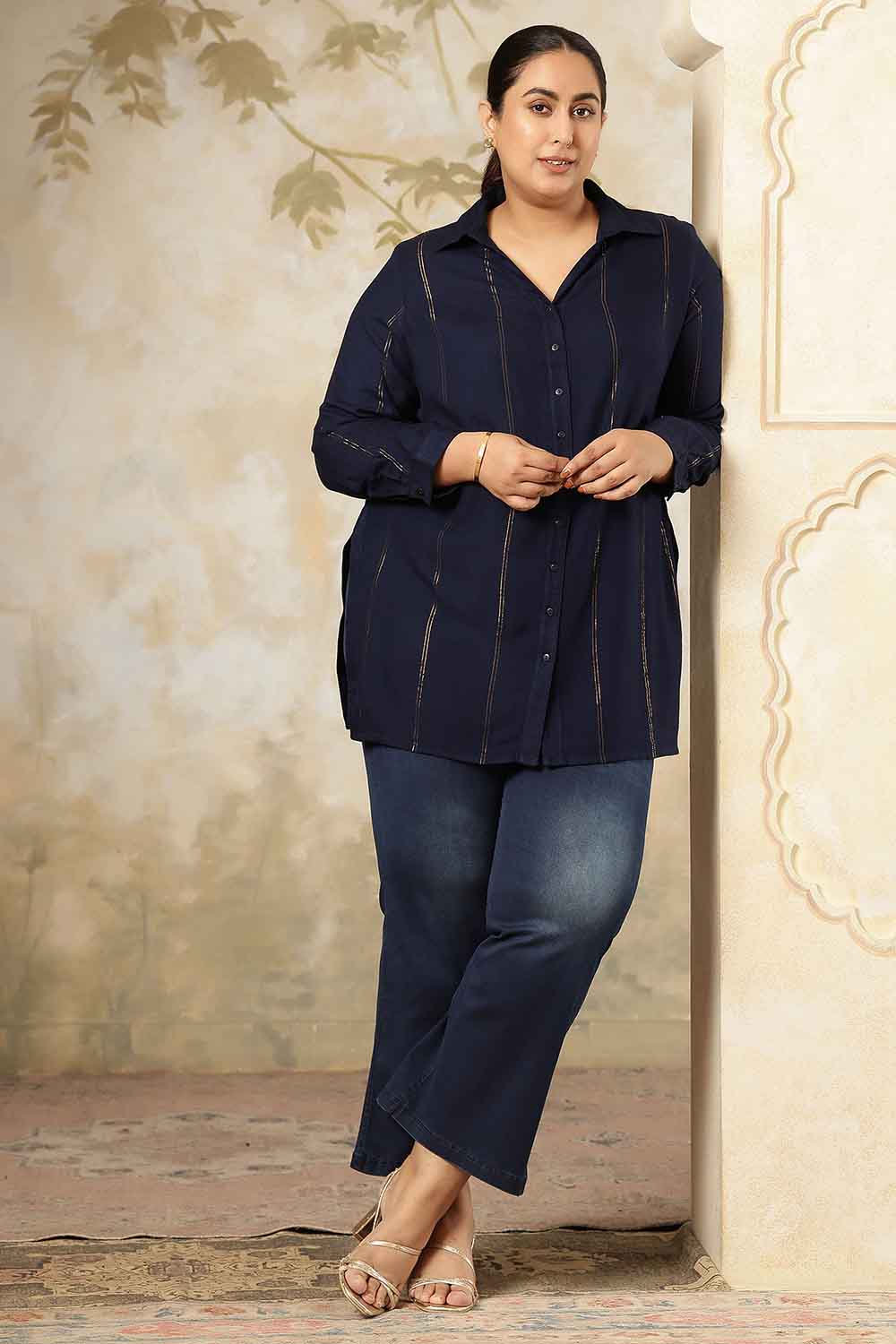 Plus Size Navy Blue Golden Pin Striped High Slit Longline Shirt