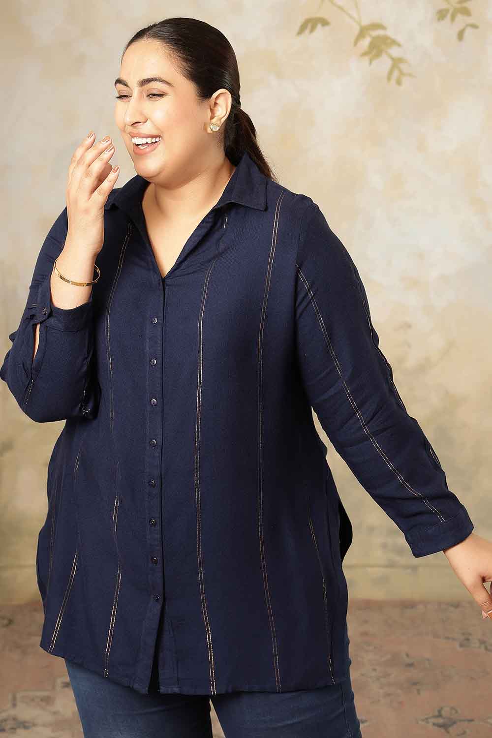 Plus Size Plus Size Navy Blue Golden Pin Striped High Slit Longline Shirt