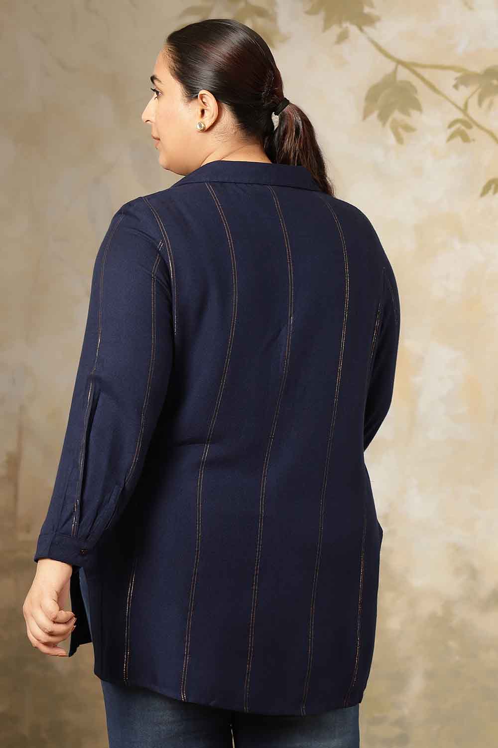 Plus Size Navy Blue Golden Pin Striped High Slit Longline Shirt