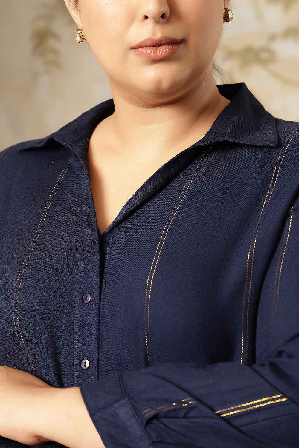 Comfortable Plus Size Navy Blue Golden Pin Striped High Slit Longline Shirt