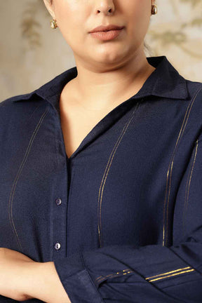 Plus Size Navy Blue Golden Pin Striped High Slit Longline Shirt