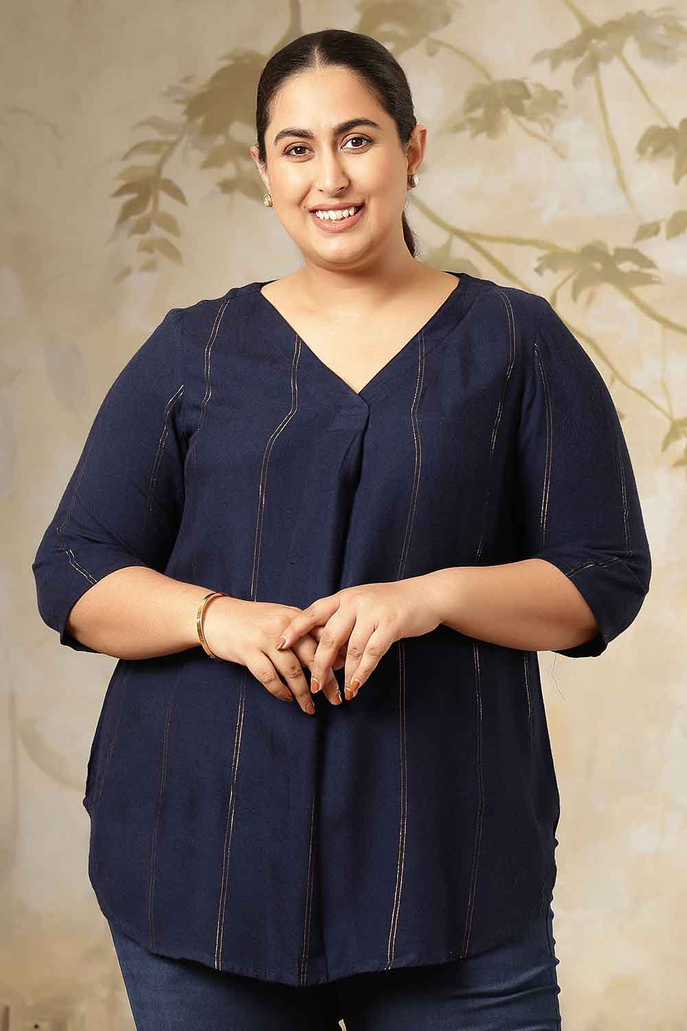 Comfortable Plus Size Navy Blue Golden Pin Striped V-Neck Top