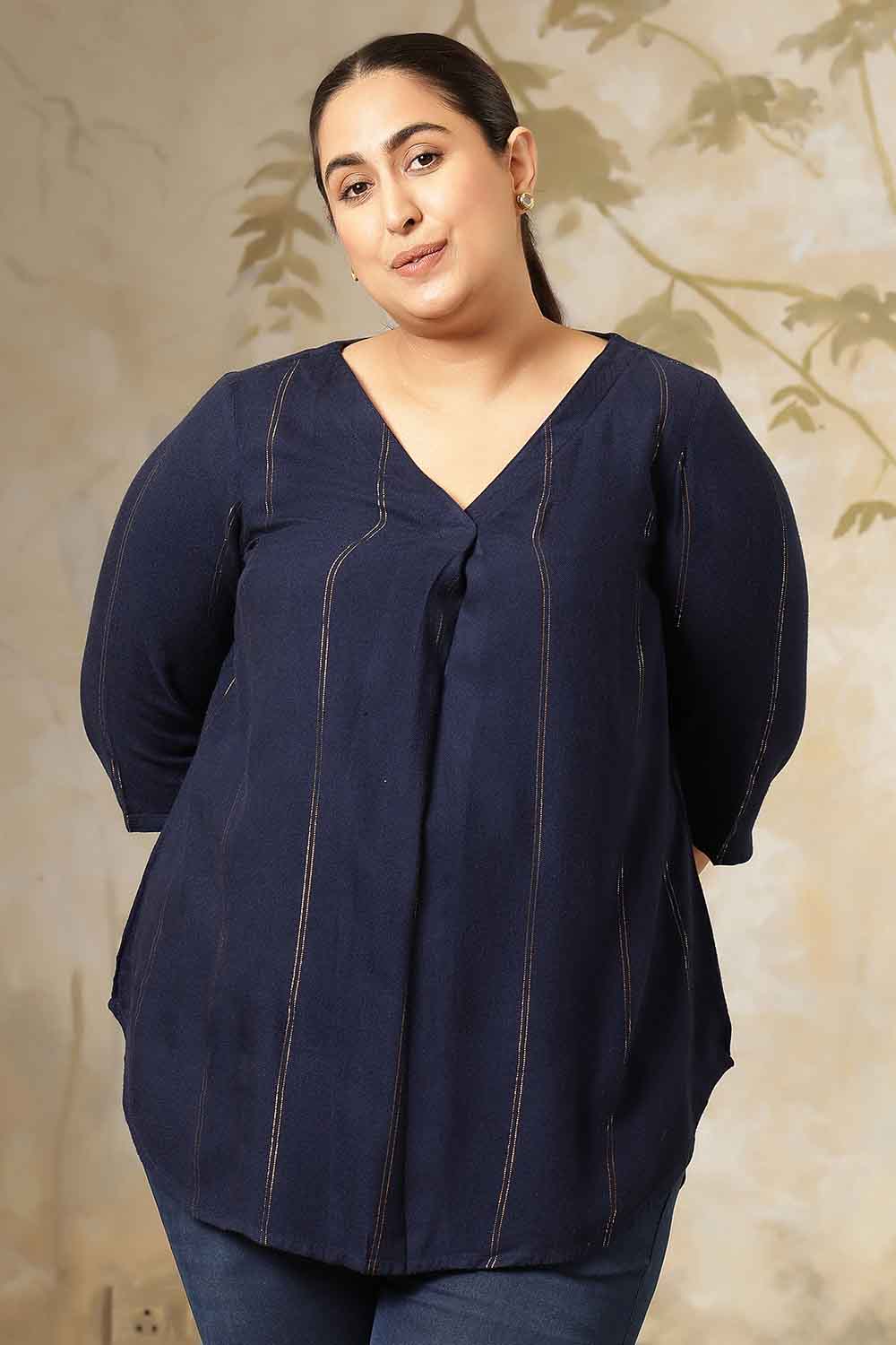 Plus Size Navy Blue Golden Pin Striped V-Neck Top for Women