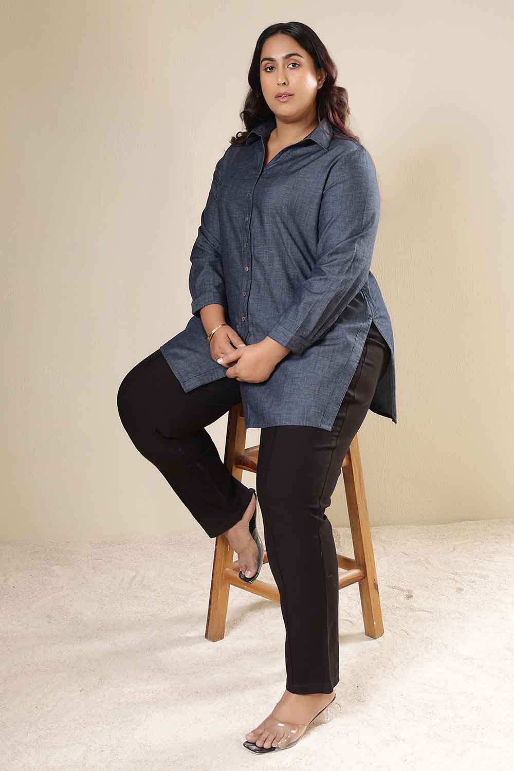 Plus Size Denim Cotton High Slit Longline Shirt