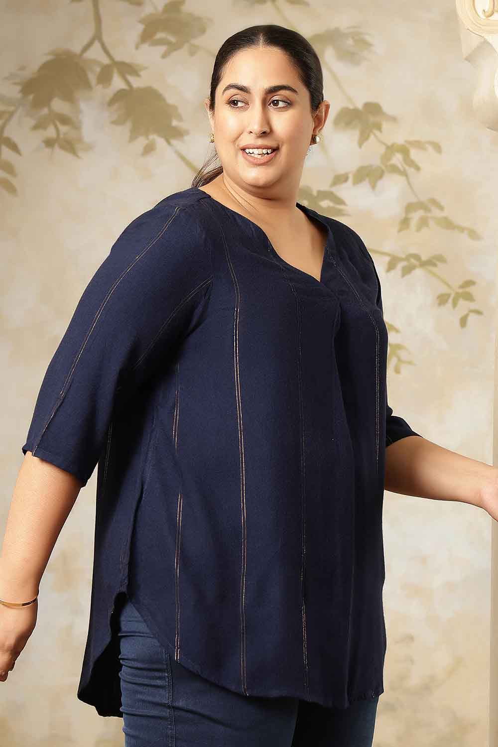 Plus Size Plus Size Navy Blue Golden Pin Striped V-Neck Top