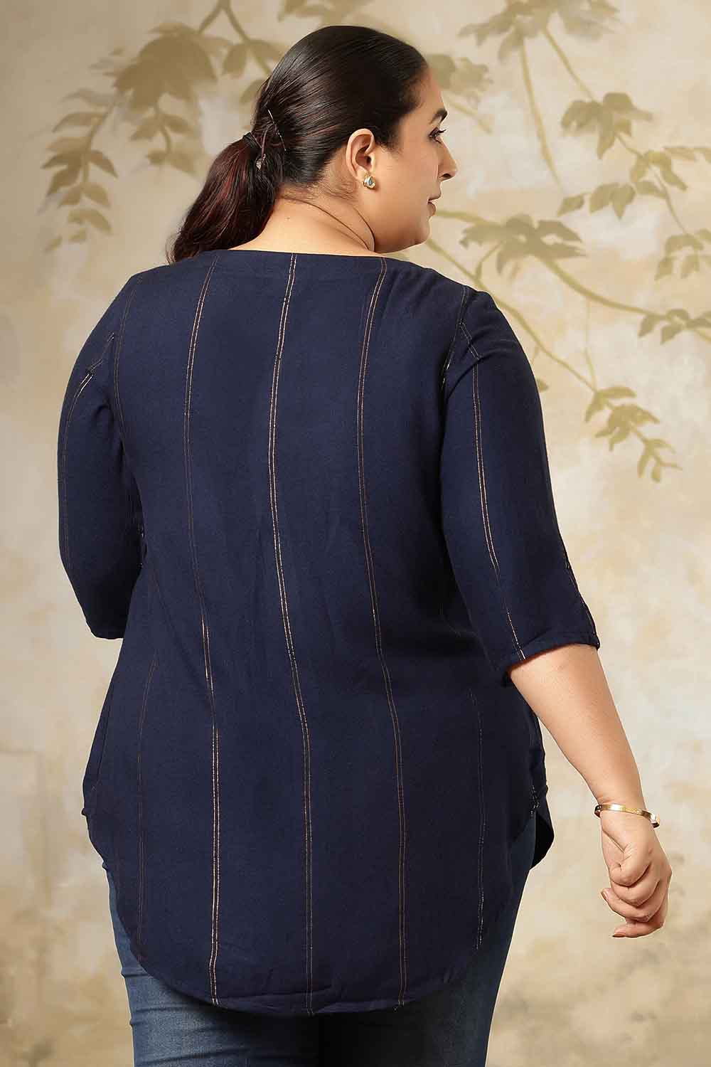 Plus Size Navy Blue Golden Pin Striped V-Neck Top