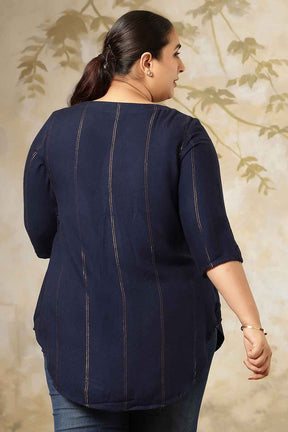 Plus Size Navy Blue Golden Pin Striped V-Neck Top