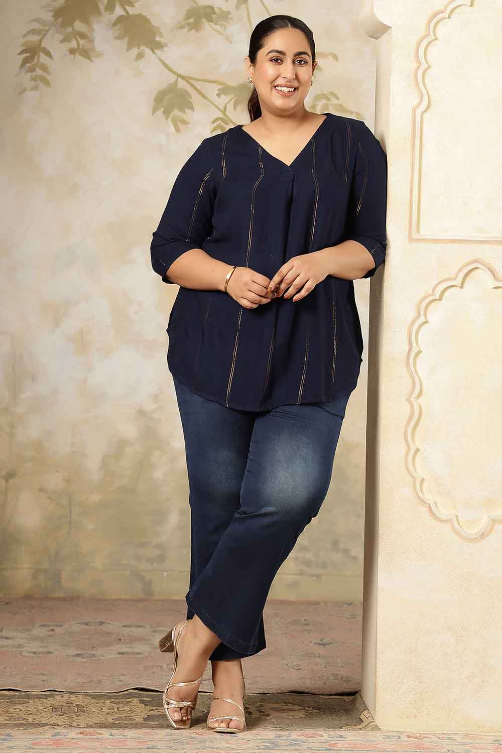 Plus Size Navy Blue Golden Pin Striped V-Neck Top