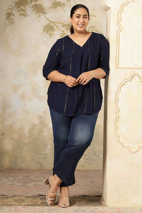 Plus Size Navy Blue Golden Pin Striped V-Neck Top