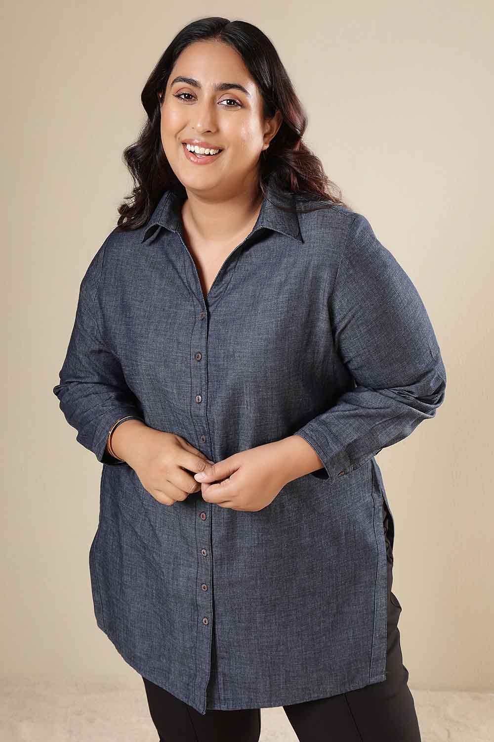 Plus Size Denim Cotton High Slit Longline Shirt