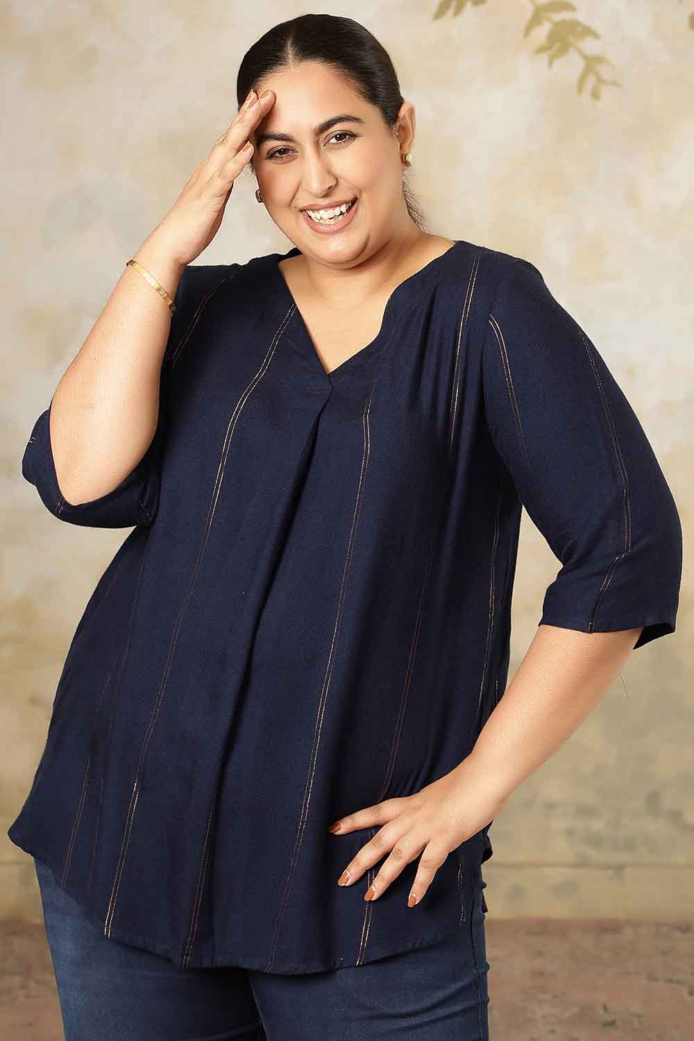 Plus Size Navy Blue Golden Pin Striped V-Neck Top