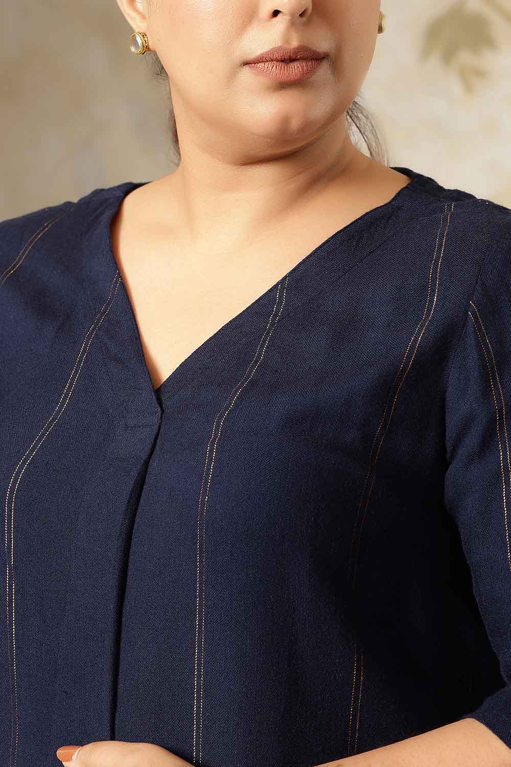 Plus Size Navy Blue Golden Pin Striped V-Neck Top