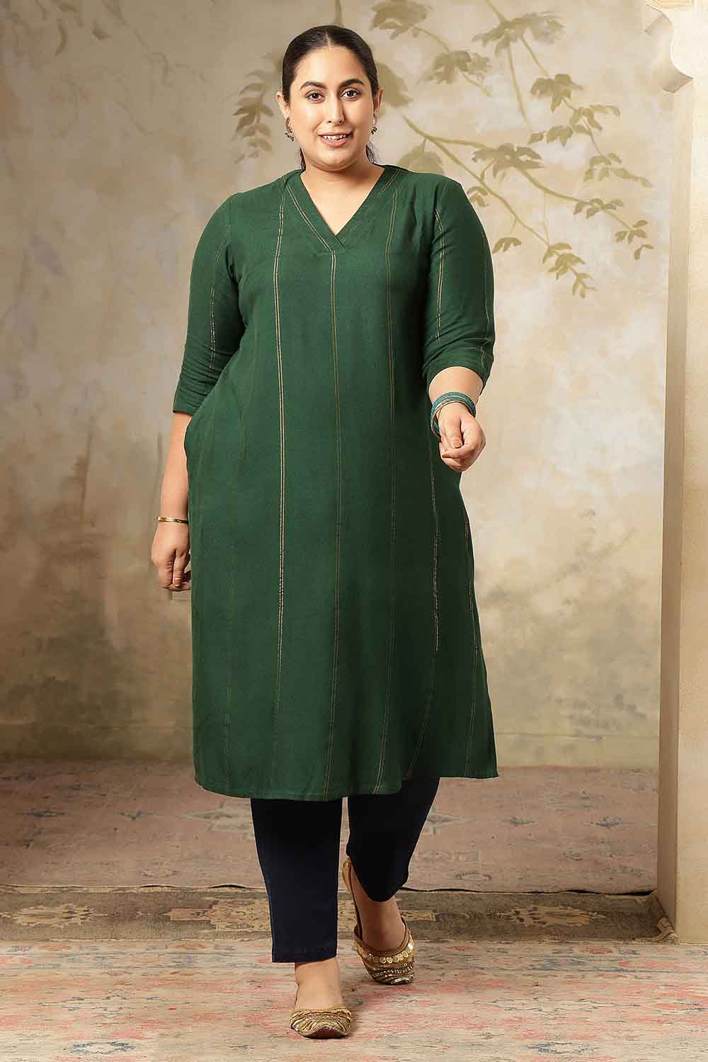 Plus Size Emerald Green Golden Pin Striped V Neck Kurta