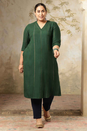 Plus Size Emerald Green Golden Pin Striped V Neck Kurta