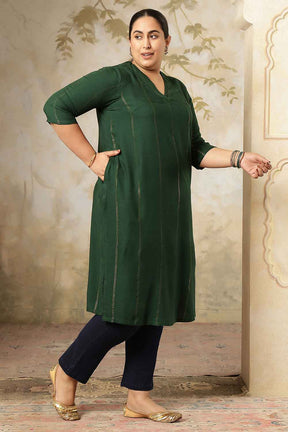 Plus Size Emerald Green Golden Pin Striped V Neck Kurta