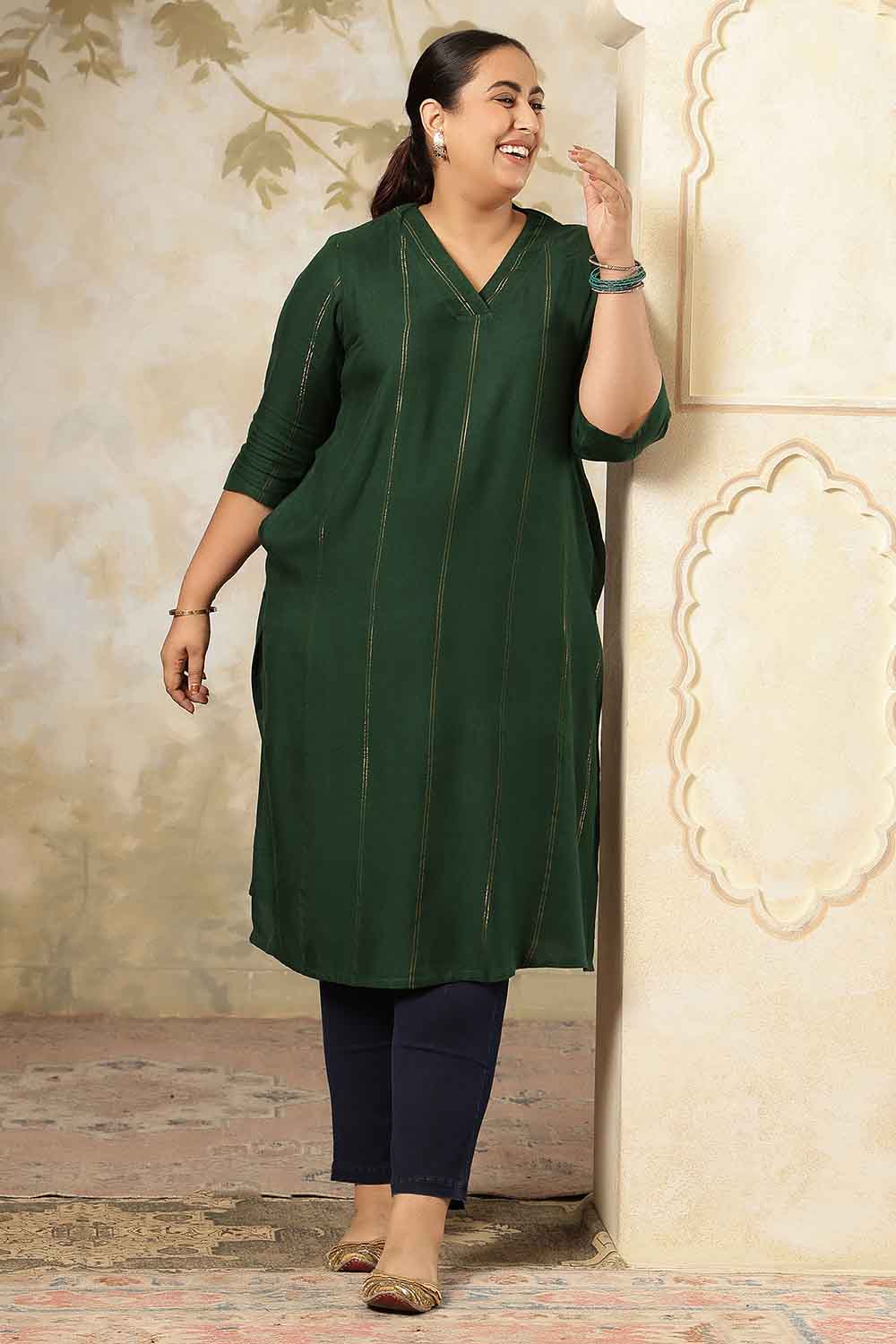 Plus Size Emerald Green Golden Pin Striped V Neck Kurta