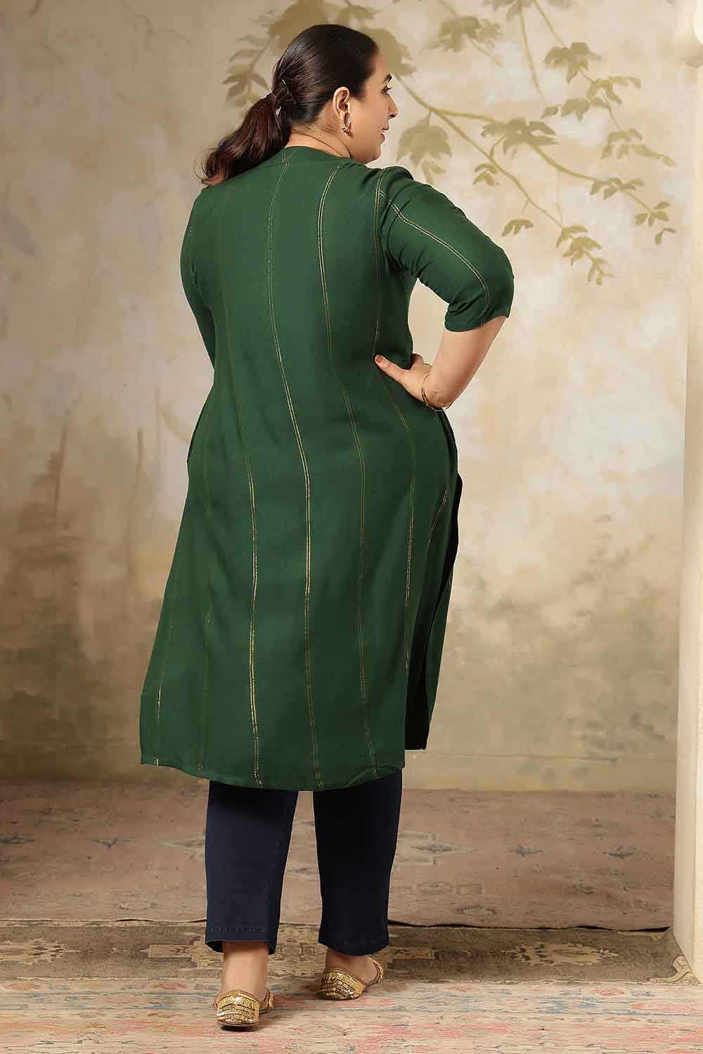 Plus Size Emerald Green Golden Pin Striped V Neck Kurta