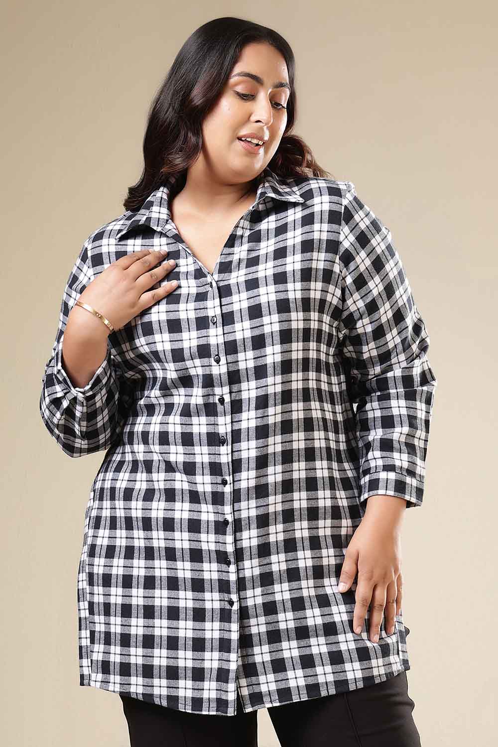 Plus Size Black & White Check Cotton Flannel Longline Shirt