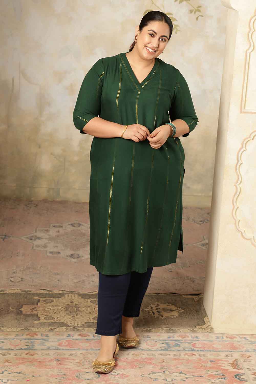 Plus Size Plus Size Emerald Green Golden Pin Striped V Neck Kurta