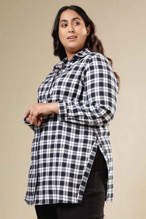 Plus Size Black & White Check Cotton Flannel Longline Shirt