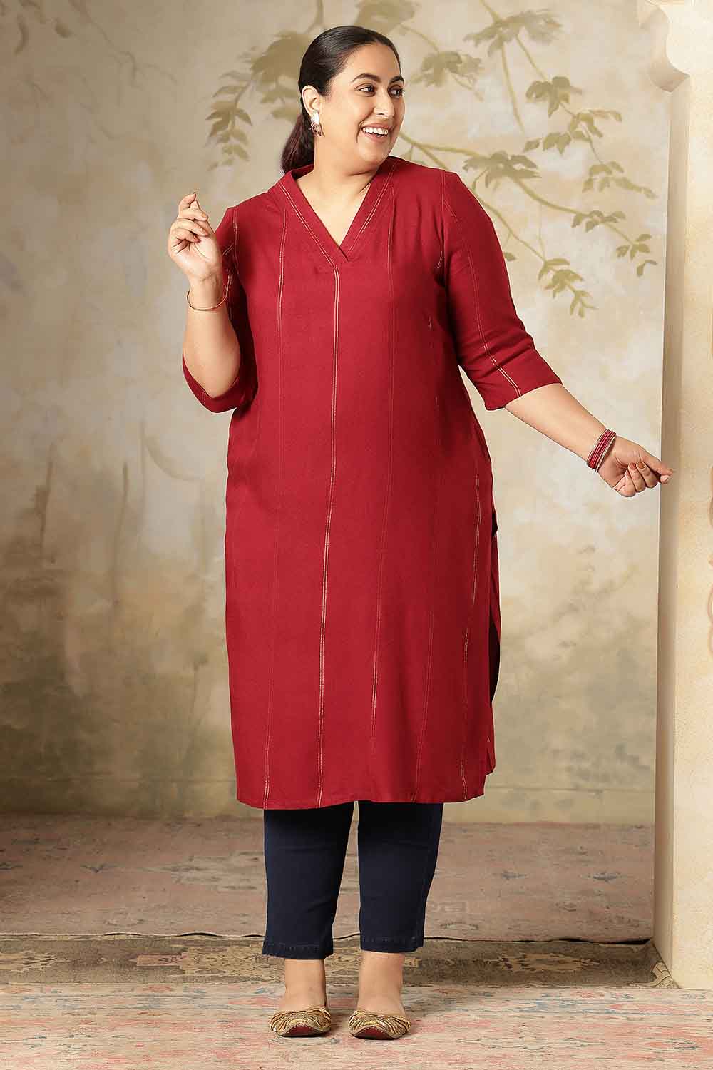 Plus Size Maroon Golden Pin Striped V-Neck Kurta