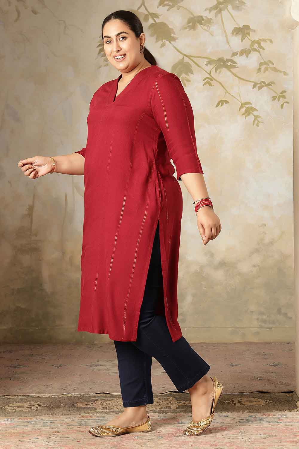 Plus Size Maroon Golden Pin Striped V-Neck Kurta for Women
