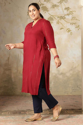 Plus Size Maroon Golden Pin Striped V-Neck Kurta