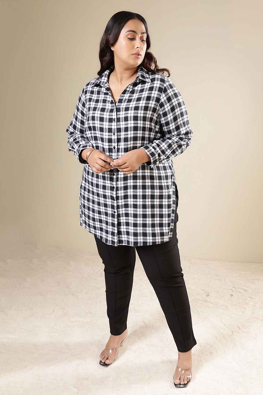 Plus Size Plus Size Black & White Check Cotton Flannel Longline Shirt